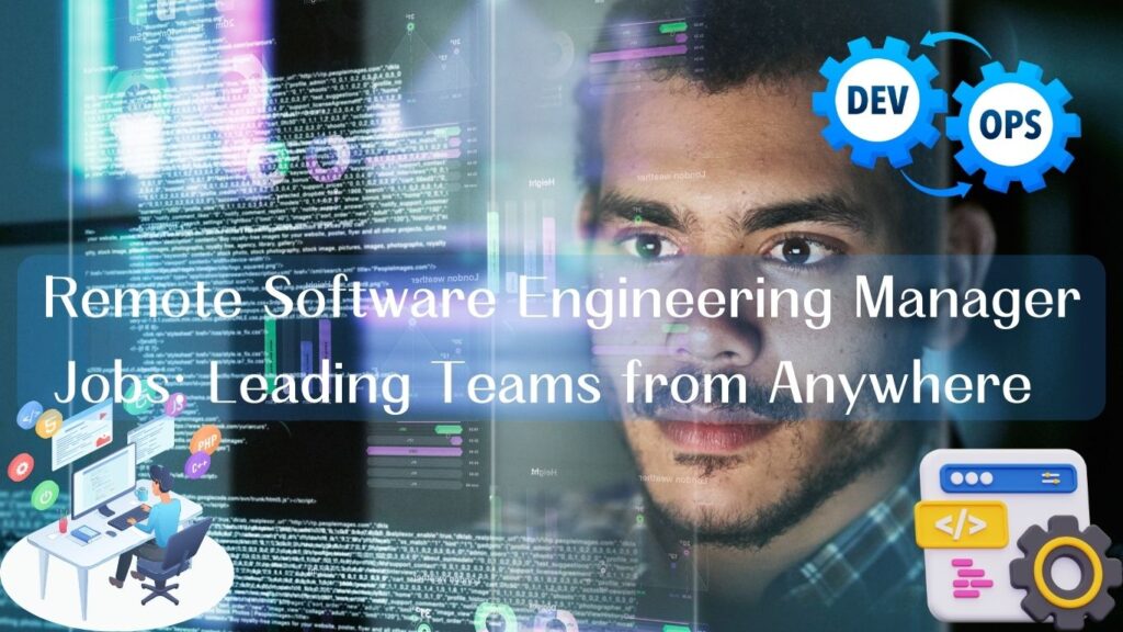 A digital collage representing remote software engineering management, with various elements like code, gears labeled ‘OPS’, and application icons.