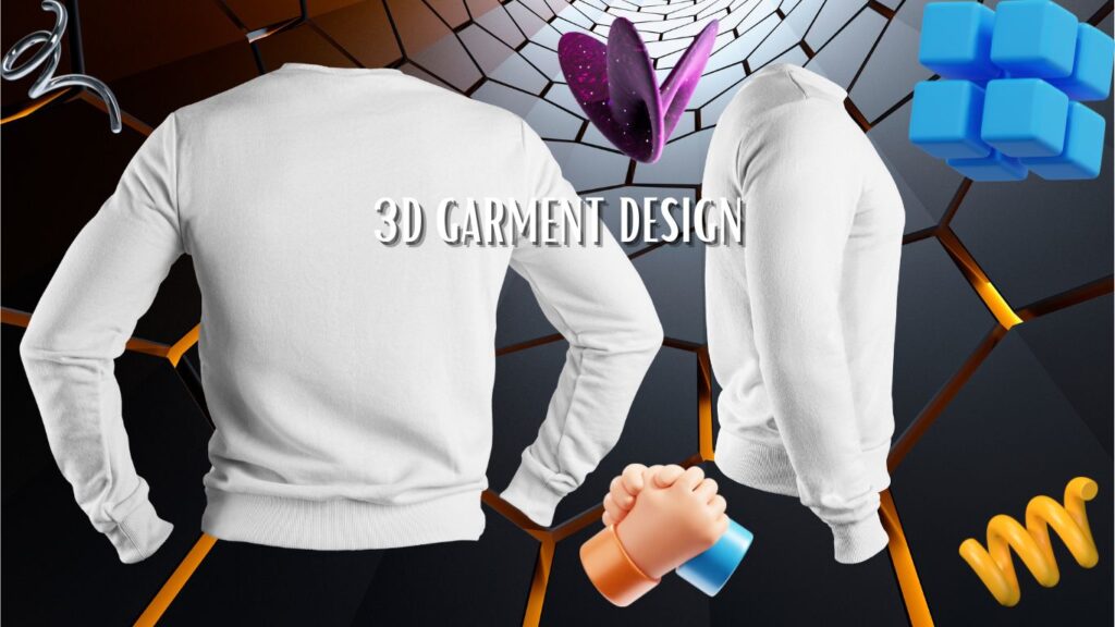 A digital graphic showcasing various elements related to 3D garment design, including a white sweatshirt, a purple heart with wings, a blue cube structure, an orange spring-like object, and a human foot model.