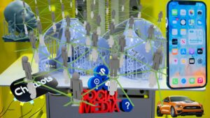 A conceptual collage featuring social media connections, a smartphone screen, 3D-printed structures, chatbots, and a car symbolizing digital networking and technological innovation.