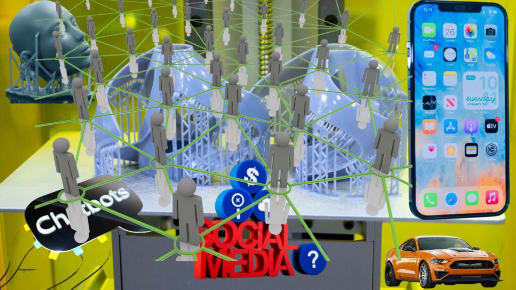 A conceptual collage featuring social media connections, a smartphone screen, 3D-printed structures, chatbots, and a car symbolizing digital networking and technological innovation.