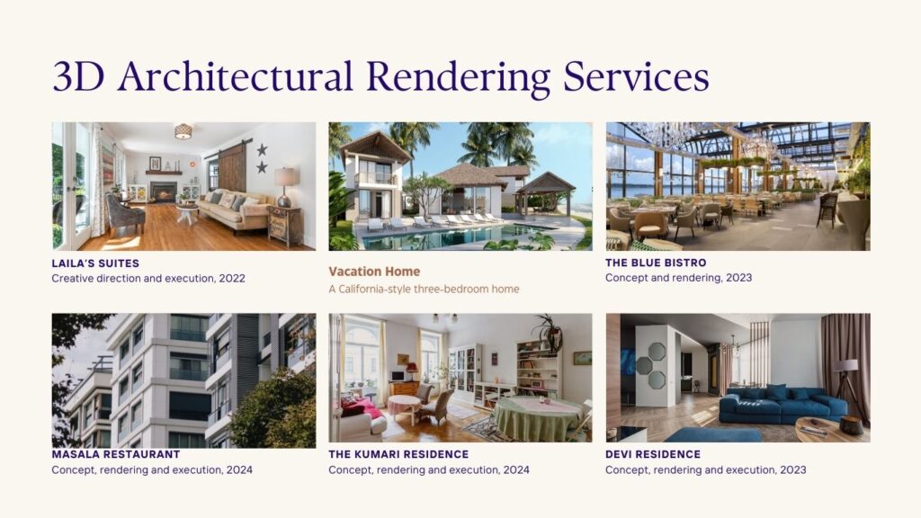 A promotional banner for “3D Architectural Rendering Services” featuring six high-quality images of various architectural designs including suites, homes, a restaurant, and residences.