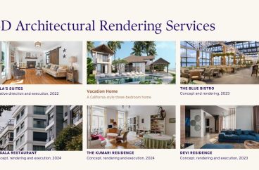 A promotional banner for “3D Architectural Rendering Services” featuring six high-quality images of various architectural designs including suites, homes, a restaurant, and residences.
