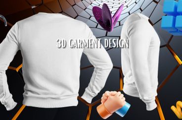 A digital graphic showcasing various elements related to 3D garment design, including a white sweatshirt, a purple heart with wings, a blue cube structure, an orange spring-like object, and a human foot model.