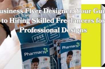 A promotional graphic featuring a person holding a stack of business flyers with the title “Business Flyer Designer: Your Guide to Hiring Skilled Freelancers for Professional Designs.”