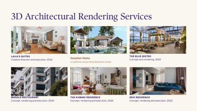 A promotional banner for “3D Architectural Rendering Services” featuring six high-quality images of various architectural designs including suites, homes, a restaurant, and residences.