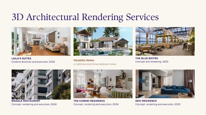 A promotional banner for “3D Architectural Rendering Services” featuring six high-quality images of various architectural designs including suites, homes, a restaurant, and residences.